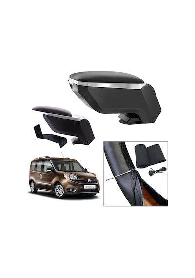 Lüks Set Fiat Doblo 2 2015 Delmesiz Çelik Ayaklı Gri-siyah Kolçak Kol Dayama, Direksiyon Kılıfı