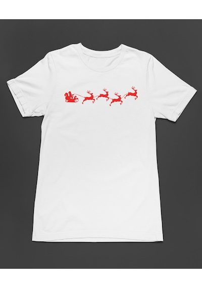 Bumeta Yılbaşı Santa Claus Geyik Silüet Noel Baba Baskılı Unisex Tişört T-shirt Beyaz