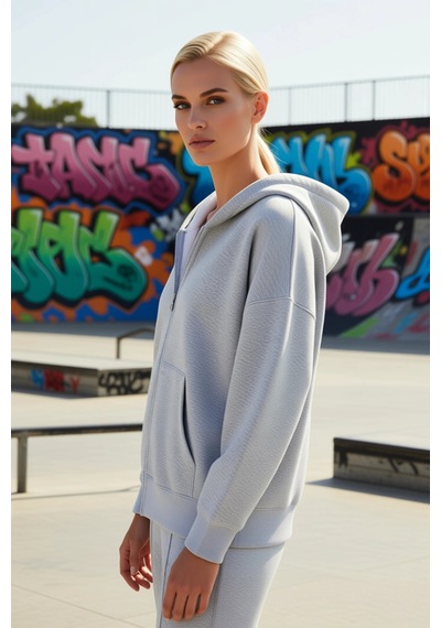 Benerly Kadın Kapüşonlu Fermuarlı Düşük Kol Örme Sweatshirt Fonksiyonel D Gri