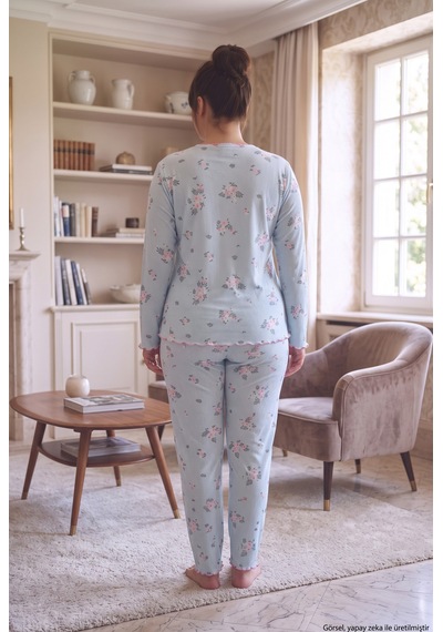 Seboteks Fitilli Kaşkorse Kumaş Uzun Kollu Büyük Beden Kadın Pijama Takımı 2990 Mavi