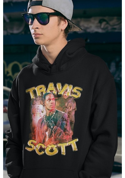 Travis Scott Rapper Baskılı Unisex Oversize Hoodie Siyah
