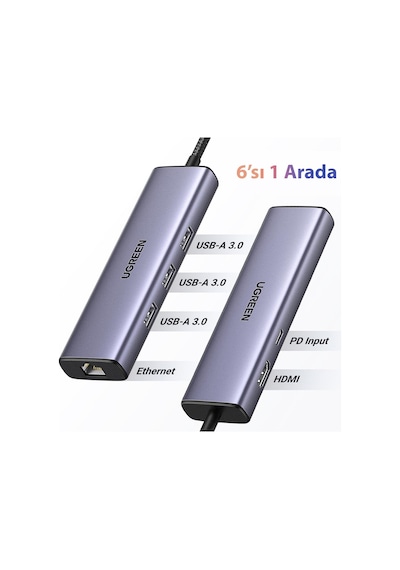 Ugreen 6IN1 Arada Type-C To 3 Usb 3.0 4K/30Hz Hdmı RJ45 Gigabit Ethernet Pd Dönüştürücü Hub