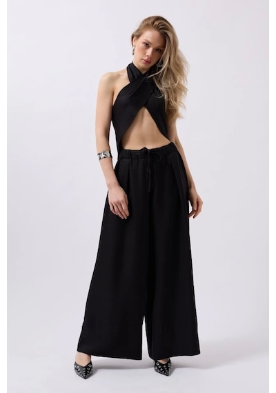 Defymoda Düşük Bel Oversize Keten Pantolon Siyah