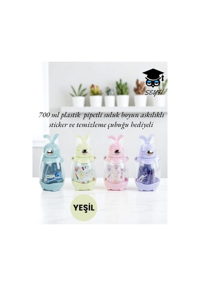 700 Ml Plastik Pipetli Suluk Boyun Askılıklı Sticker Ve Temizleme Çubuğu Hediyeli Turkuaz
