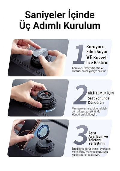 Ultra Güçlü Vakumlu Ve Mıknatıslı 360+360 Hareketli Metal Magsafe Telefon Tutucu Siyah