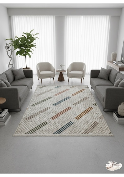 Konak Halı Renkli Modern Halı Geometrik Desenli Emboss Saçaklı Salon Halısı Krem