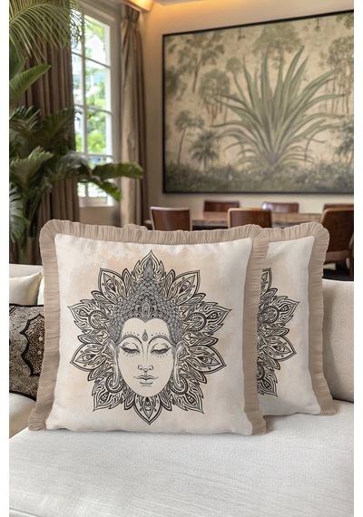 Mandala Sanatlı Saçaklı Yastık Kılıfı - Spiritüel Bohem Buda Bej Püsküllü Kırlent Kılıfı Açık Deniz Platin