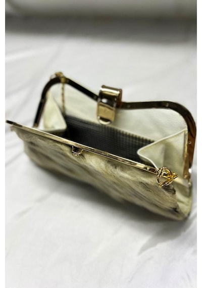 Kadın Bej Suni Kürk Zincirli El Ve Omuz Clutch Portföy Çanta - Bej