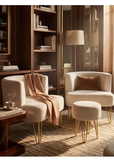 Elegance 2'li Çay Seti Berjer Ve Puf Takımı Açık Krem