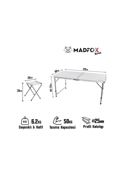 Madfox Nomad Duo Tabureli Katlanır Kamp Masası Seti Beyaz