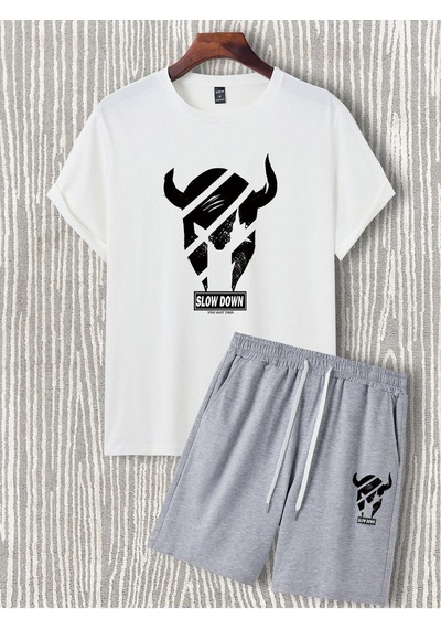 Slow Down Baskılı Gri Şort Beyaz T-shirt Takım Gri Beyaz