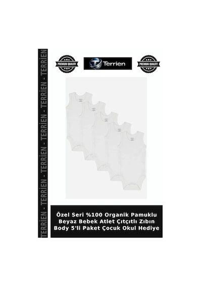Terrien Özel Seri %100 Organik Pamuklu Beyaz Bebek Atlet Çıtçıtlı Zıbın Body 5'li Paket Çocuk Okul Hediye