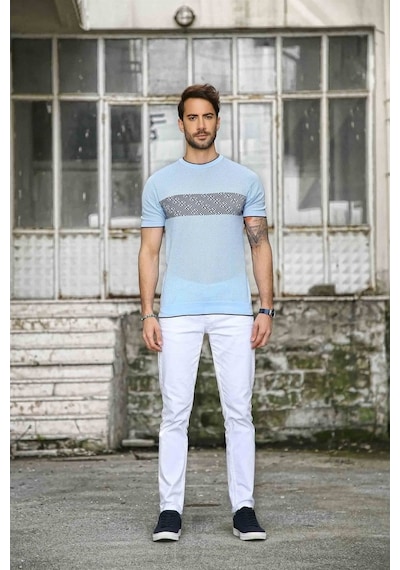Ferraro Erkek Desenli Delikli Bisiklet Yaka Triko T Shirt - Mavi-Mavi