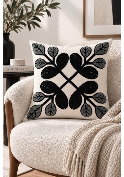 4'lü Set Çiçekli Dekoratif Kırlent Kılıfı 43x43 Cm, 3d Efektli Dijital Baskılı - Monokrom Yapraklar Çok Renkli