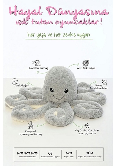 Peluş Ahtapot Uyku Ve Oyun Arkadaşı Gri Gri