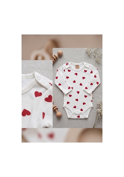 Deniva Kids %100 Pamuklu Kalp Baskılı Fitilli Uzun Kol Bebek Body Zıbın Beyaz