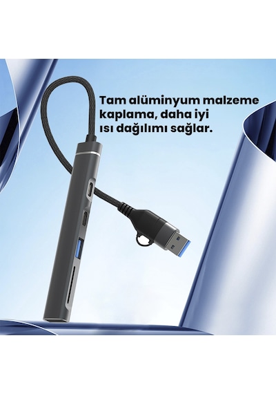 Dm Chb025 Usb-a Ve Type-c Girişli 2 Type-c 1 Usb-a Sd Micro Sd Tf Kart Okuyucu Çoklayıcı Dönüştürücü
