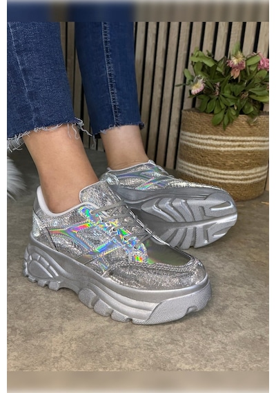 Günlük Kadın Sneaker Kalın Yüksek Taban Bağcıklı Rahat Tiger Şeritli Spor Ayakkabı 032 13 - Gümüş Holo Günlük Kadın Sneaker Kalın Yüksek Taban Bağcıklı Rahat Tiger Şeritli Spor Ayakkabı 032 13 - Gümüş Holo