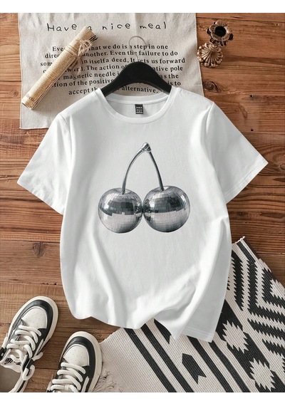 Disko Vişne Baskılı Özel Tasarım Tshirt Beyaz