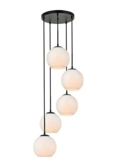 Tr Metal Modern Siyah Retro Rustik Yuvarlak 5 Li Opal Camlı Sarkıt Avize Diğer