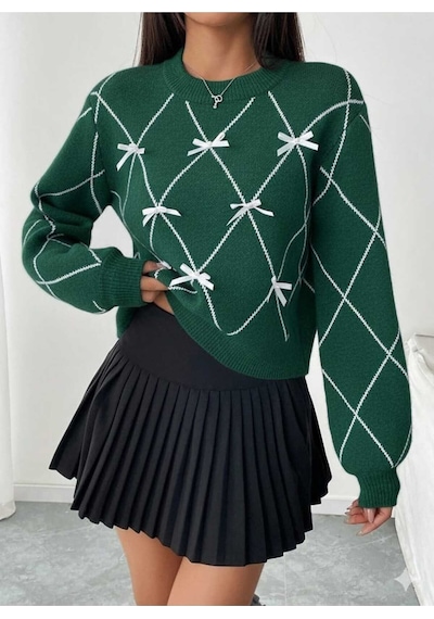 Sayzen Your Shine Baklava Desenli Kurdele/fiyonk Detayli Triko Kazak Sy-001kzk-gri Yeşil