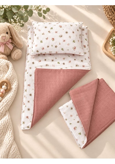 Sallhome Baby Gül Kurusu Çiçek Desenli Müslin 3'lü Bebek Alt Açma Seti Minder - Battaniye ve Yastık