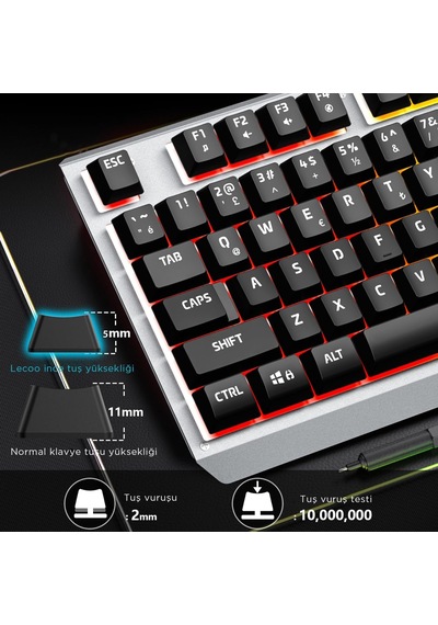 Kb121 Usb Kablolu Oyuncu Klavye - Makro Tuşlu, Rainbow Efektli, Mekanik Hisli Sessiz, Membran Gaming Türkçe Q Klavye Metalik Gri