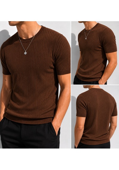 Ribana Erkek Kısa Kollu Bisiklet Yaka Esnek T-shirt 26022 Kahverengi