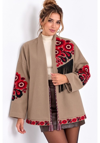 Saade Camel Etnik Çiçek Nakışlı Püsküllü Kimono Ceket