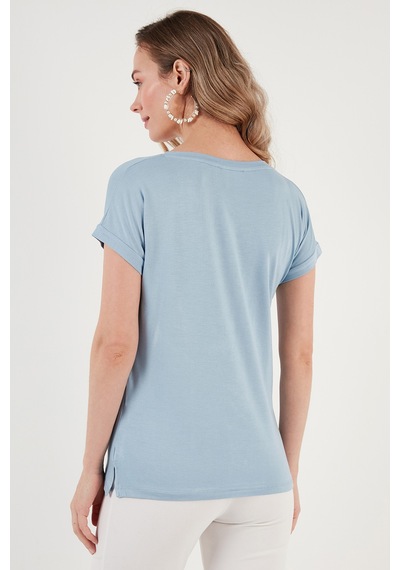 Lela V Yaka Relaxed Fit Yırtmaç Detaylı 2'Li Paket Bayan Bluz 5862000S2 Siyah-Bebe Mavi