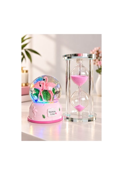 Sevgiliye Hediye Işıklı Flamingo Kar Küresi Ve 5 Dakikalık 13cm Pembe Kum Saati Seti Masa Üstü Biblo