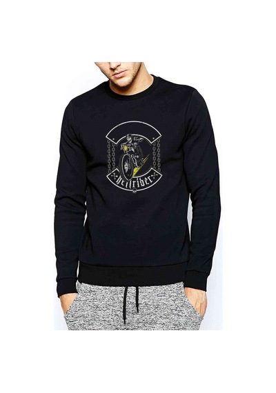 Hand Drawing Of Skull Riding Vintage Baskılı Siyah Erkek Sweat