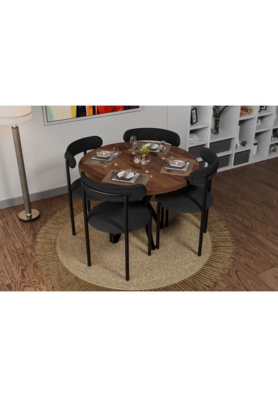 İdeal Home Mdf Yuvarlak Ceviz Masa Ve 4 Tedy Sandalye Mutfak Ve Balkon Masa Takımı Kahverengi 92 X 92