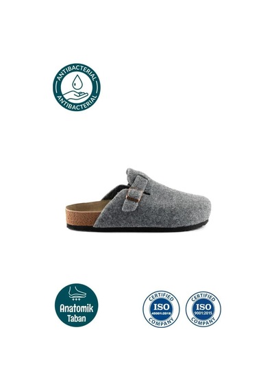 Moda Devrin Unisex Gri Kışlık Keçeli Önü Kapalı Mantar Taban Konfor Model Sabo Günlük Rahat Ev Terliği