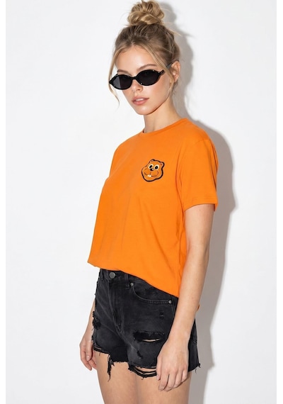 Shade Kadın Cotton Nakışlı Teddy Detaylı Bisiklet Yaka T-shirt 60382610 - Turuncu 2XL