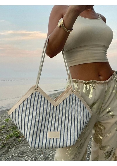 Glemix Joyce Mavi Çizgili Fular Detaylı Asimetrik Kadın Kol Ve Omuz Çantası Mavi Çizgili Kanvas