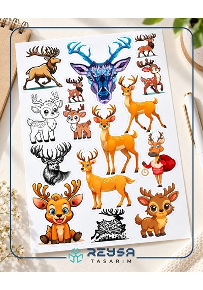 Geyik Sticker Set A5 Sevimli Geyik Telefon, Tablet, Defter Ve Laptop Sticker Seti Folyo Baskı