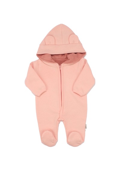 Bebegen Kız Bebek Pembe Kulaklı Kapüşonlu Fermuarlı 3 İplik Tulum Çok Renkli