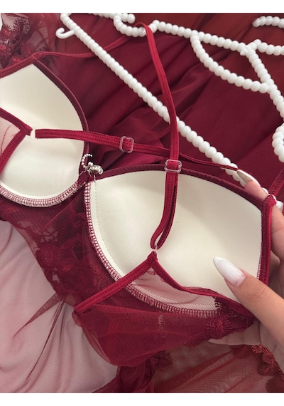 Mh Moony Homewears Kutulu 12'li Parça Pause Bordo Saten Pijama Gecelik Sabahlık Iç Giyim Çeyiz Seti Bordo Renk