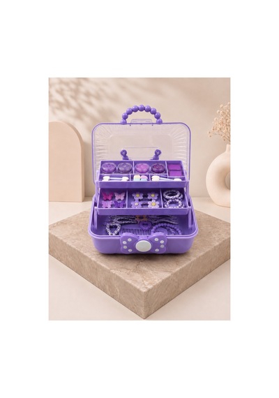 Çocuk Takı Ve Toka Organizeri Otomatik Açılır Katlı Düzenleyici Kutu 27x15x15 Cm Pembe Taşınabilir Çok Bölmeli Saklama Çantası-benekli Mor