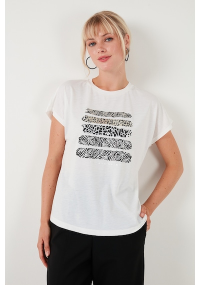 Lela Baskılı Bisiklet Yaka Regular Fit Bayan T Shirt 6671003 Ekru