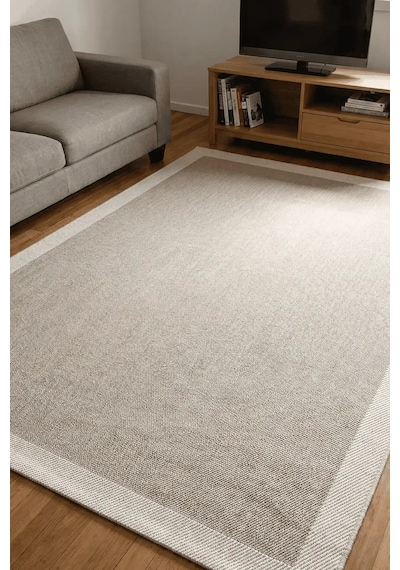 Hoom Rugs Lora 3206 Bej Çerçeveli Pamuk Taban Hav Toz Vermez Sisal Halı