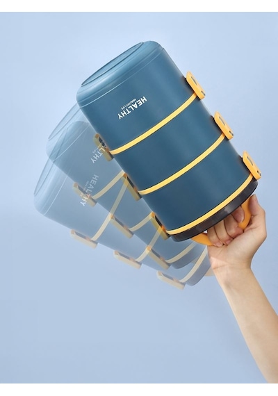 304 Çelik Üç Kat Yemek Mama Saklama Kabı Sefertası cin564mv 2200 ML Mavi