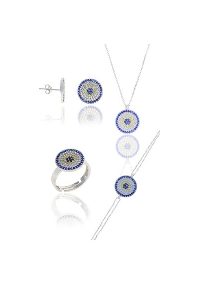 Nazar Boncuğu Tasarım Zirkon Taşlı Dörtlü Set (M) (505611504)
