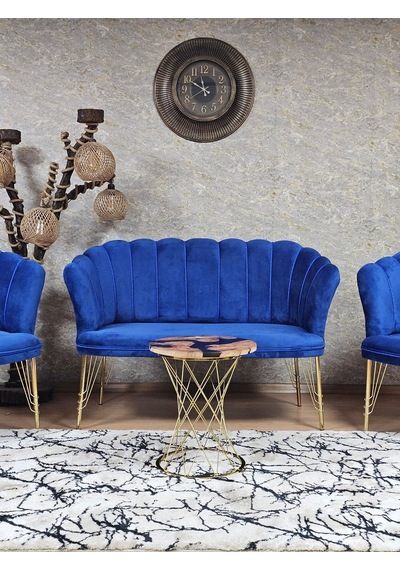 Zafir Gold Kaplama Tel Ayak Papatya Çay Seti Koltuk Takımı , Balkon, Salon, Ofis, Cafe Koltuk Takımı Mavi