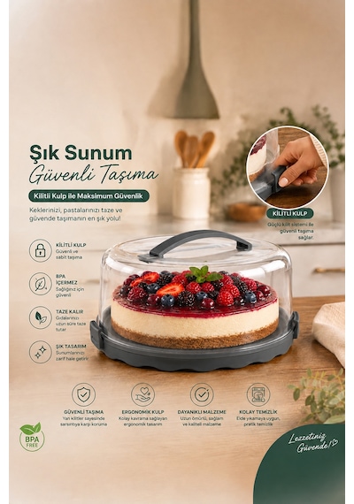 Porsima L-501 Caramel Kek Saklama Taşıma Kabı Fanusu Gri