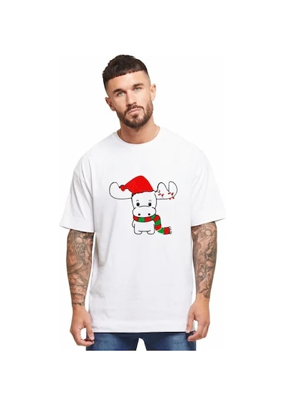 Efnaz Style Yılbaşı Noel Ren Geyiği Baskılı Kısa Kollu Oversize Bisiklet Yaka T-shirt - Beyaz