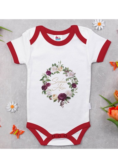 Bk Gift Bk Kids Kişiye Özel Çiçek Tasarımlı Kırmızı Bebek Body Zıbın-14 Çok Renkli