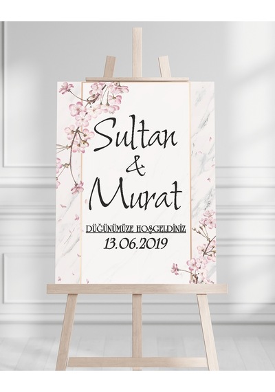Söz Nişan Düğün İçin 50x70 Karşılama Panosu - Pembe Renkleri Çiçek Temalı Beyaz