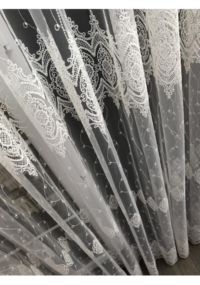 Tül Perde Çerçeve Desen Brillant Marka Sedef Sim Brode Işleme Ekru